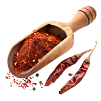 Chili powder in wooden spoon with dry red chilly against transparent background png