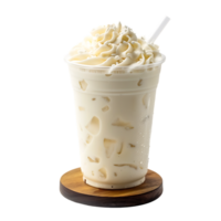 Iced vanilla milkshake and milk blended with ice cubes in a plastic cup on a wooden coaster png
