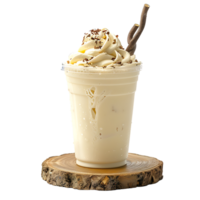 Iced vanilla milkshake and milk blended with ice cubes in a plastic cup on a wooden coaster png