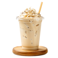 Iced vanilla milkshake and milk blended with ice cubes in a plastic cup on a wooden coaster png