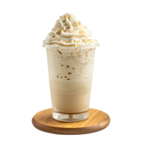 Iced vanilla milkshake and milk blended with ice cubes in a plastic cup on a wooden coaster png