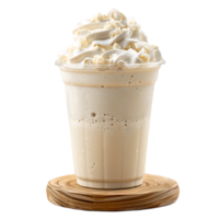 Iced vanilla milkshake and milk blended with ice cubes in a plastic cup on a wooden coaster png