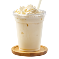 Iced vanilla milkshake and milk blended with ice cubes in a plastic cup on a wooden coaster png