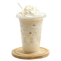 Iced vanilla milkshake and milk blended with ice cubes in a plastic cup on a wooden coaster png