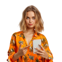 Portrait of young lady hold gadget point empty space dressed stylish orange print garment png