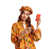 Portrait of young lady hold gadget point empty space dressed stylish orange print garment png
