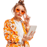 Portrait of young lady hold gadget point empty space dressed stylish orange print garment png