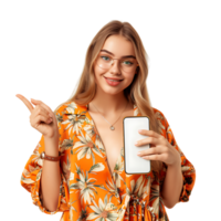Portrait of young lady hold gadget point empty space dressed stylish orange print garment png