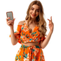 Portrait of young lady hold gadget point empty space dressed stylish orange print garment png