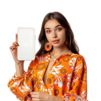 Portrait of young lady hold gadget point empty space dressed stylish orange print garment png