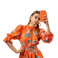 Portrait of young lady hold gadget point empty space dressed stylish orange print garment png