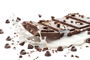 Rich chocolate bars accompanied by a creamy milk splash stand out in stark contrast png