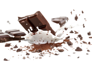 Rich chocolate bars accompanied by a creamy milk splash stand out in stark contrast png