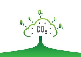 Photosynthesis process diagram. A minimal tree absorbs carbon dioxide and emission oxygen to the atmosphere on a white background. vector
