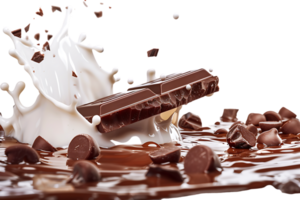 Rich chocolate bars accompanied by a creamy milk splash stand out in stark contrast png
