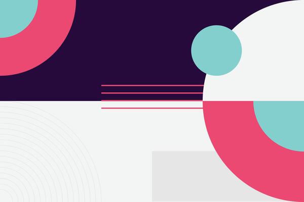 A vibrant abstract composition with overlapping circles and linear elements in magenta teal and white perfect for creative design projects