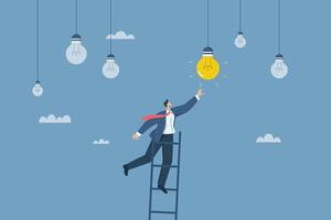 Looking for new ideas and always the big idea, Striving or creating hope for business success, Businessman climbs the ladder searching for new ideas for success in business. design. vector