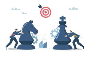 Planning for business goals, Strategizing to compete with competitors, Business confrontation, Businessman moving a large chess piece against a business competitor. design illustration. vector