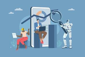 Using artificial intelligence to research finance or analyze the future trends of the market, AI support, Businessmen team and robots jointly analyze trends on graphs and charts with magnifying glass. vector