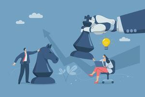 Support of AI, Planning strategy to win business competition against competitors, Working with artificial intelligence, Businesswoman analyzes strategy with robot hands holding rook chess. vector