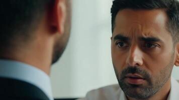 A business professional's face, focused and attentive during a meeting, capturing the intensity of the discussion. video