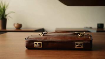 A leather double-layer briefcase sits on the office table. It is a symbol of readiness and preparedness. video