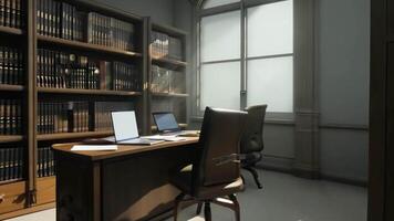 A quiet, private office space with a desk, bookshelves, and a large window. video
