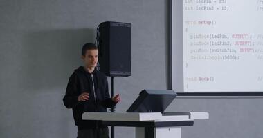 School Boy Presenting Project Of Computer Science In School, Future Talented Programmer video