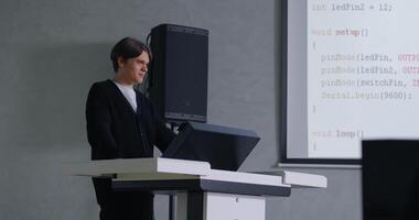 Education In Modern School, Teen Boy Speaking About Project In Computer Science, Future Programmer video