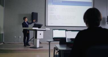 Education In School For Programmers, Schoolboy Speaking In Classroom, Presenting Project, Portrait video