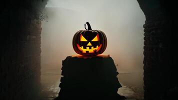 A glowing jack-o-lantern with a menacing grin illuminates a dark, foggy alley, creating a spooky and eerie Halloween atmosphere. Perfect for Halloween themes and horror visuals video