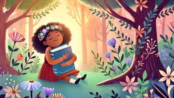 Delightful illustration of a child with a flower crown hugging a book in a magical forest setting. Perfect for back-to-school themes, celebrating the joy of reading and nature video