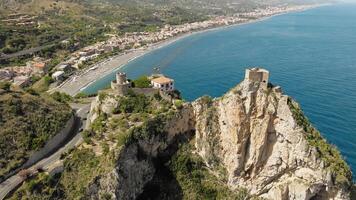 Castle Of Sant'Alessio Siculo In Sicily Cliff Near The Ocean Aerial View video