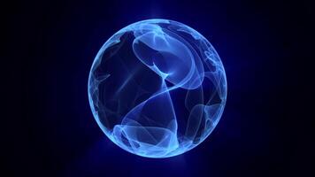 Blue flame sphere with shiny fire tongues fluttering on a dark background with bright glow effect. Seamless loop animation of abstract atom orb or molecule nucleus for science and technology. 4K 60fps video
