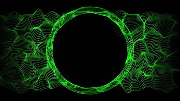 Abstract green ring made of floating strings with round empty space on a black background with bright glow effect. Elegant surreal animation with blank place for text or logo. Seamless loop , 4K 60fps video