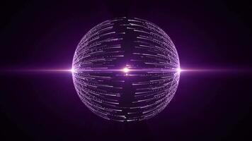 Looped background with transparent shiny sphere made of glow particle lines with orange and purple light. Dark abstract orb animation with bright atom or molecule structure. Seamless vj loop, 4K 60fps video