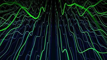 Looped screensaver with green and blue curves slowly floating and falling down on a dark background. Digital animation of colorful stripes with bright neon glow effect. Seamless vj loop , 4K 60 fps video