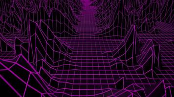 Seamless loop background with low poly landscape and glowing pink grid in a retro synthwave style. Flying over cyber space terrain, animation for digital technology and music art performance. 4K 60fps video