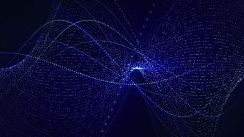 Seamless loop background with digital abstract form made of bright particles and moving hud elements with blue glow effect. Shiny transparent structure spinning in dark cyber space. Looped 4K 60fps video