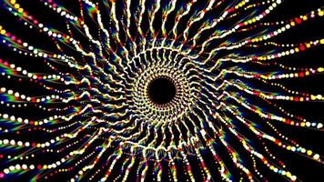 Bright energy tunnel made of waves of colorful lines and dots with bright shine and glow effects. Psychedelic wormhole structure with vibrant colors and wavy patterns on a black background. 4K 60 fps video