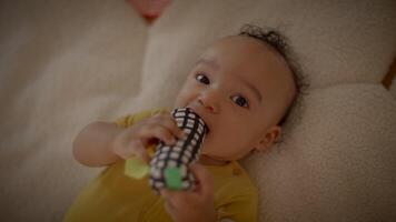 An adorable baby is happily playing with a colorful toy on a soft blanket in a cozy environment video