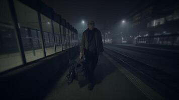 A man walks alone at night on an empty city train platform, with a mysterious and eerie atmosphere video