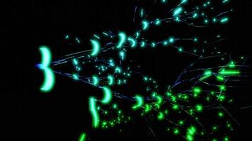 Black background.Design.Green and bright turquoise lines that flow along transparent straight lines in 3d graphics. video