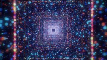 Blue background in abstraction. Motion. Bright squares of blue color line the corridor and move forward, colorful particles shine next to them video