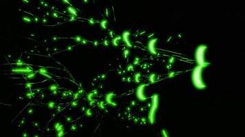 Black background.Design.Green and bright turquoise lines that flow along transparent straight lines in 3d graphics. video