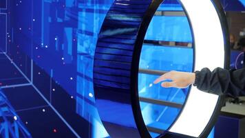 Touch circle for virtual communication. Media. New technology of virtual immersion. Manual motion control in virtual space video