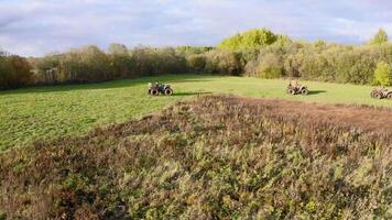 ATVs ride on green field. Clip. Top view of beautiful green field and riding ATVs. Quad bikes ride on green summer field on sunny day video