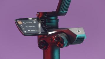 The concept of shooting with gadgets. Action.A large swivel tripod on which a large camera is attached shoots in different directions on a bright purple background. video
