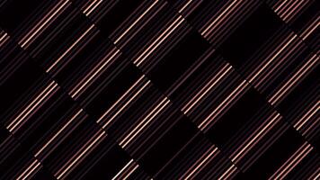 Retro background with moving lines in stripes. Motion. Moving luminous dashes in diagonal stripes on black background. Background with moving glowing lines in retro style with noise video