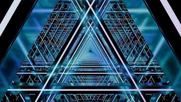 Graphic with futuristic geometric triangle and line pattern illuminated by neon lights. Design video